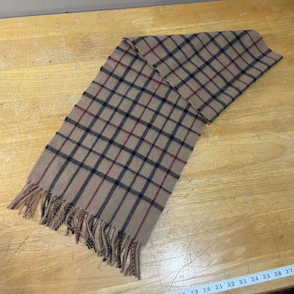 Vtg Brooks Brothers 346 Lambswool Scarf Made in Scotland Plaid Tan Navy‎ Preppy